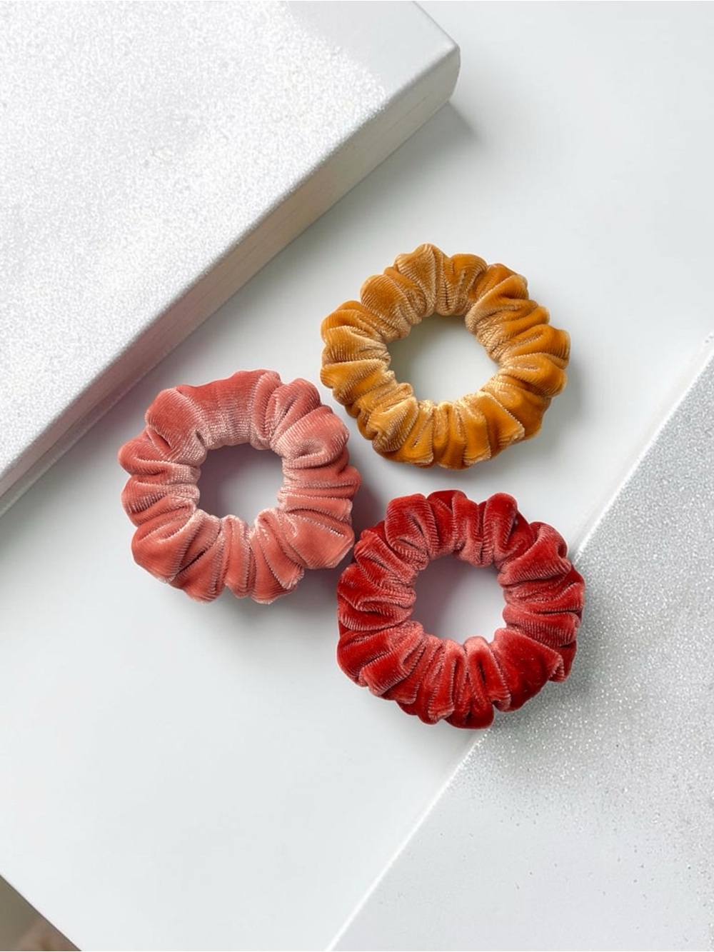 Velvet Scrunchie Trio - Peach Mustard/Yellow and Orange